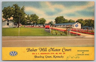 Baker Hill Motor Court Bowling Green KY 1956 Linen Postcard AAA Duncan Hines E54