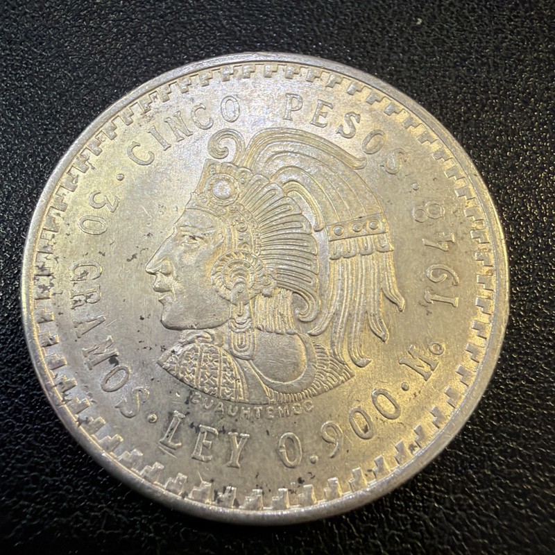 1948 Mexico Cuauhtemoc Cinco 5 Pesos 30g Silver Br89