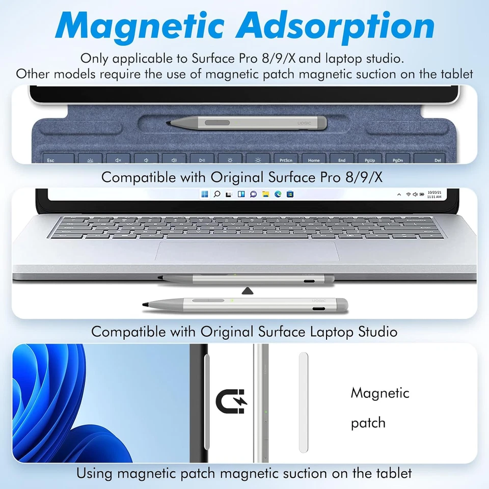 Slim Pen 2 per Microsoft Surface Pro 10/9/8/X E Laptop Studio, Penna Di Ricarica - Immagine 3 di 4