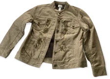 Chinco's Denim Jacket Gold Tan Coat Size 1 Small Embellished Embroidered Shimmer