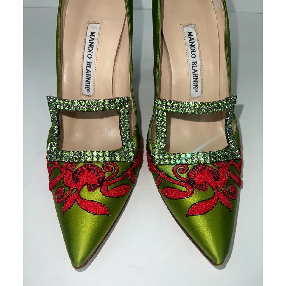 Zapatos de salón MANOLO BLAHNIK aguacate cristal satinado hebilla punta talla EU37.5 Foto 4 de 4