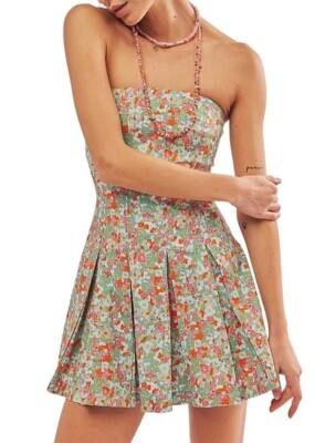 Free People Made Me Smile Strapless Floral Dress Pleated Skirt Button Back XL