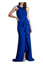 TADASHI SHOJI Mystic Blue Setta Halter-Neck Pleated Cascading Ruffle Gown M 8