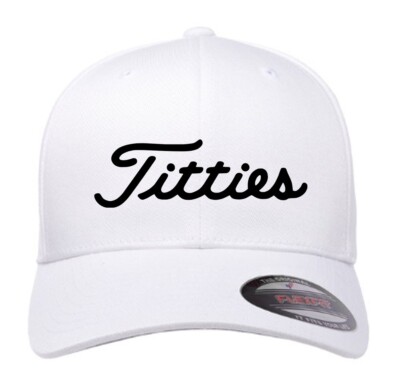 Titties Flexfit White Hat Embroidery Logo Dad's Funny Golf Gift