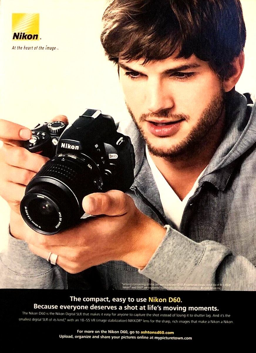 NIKON D60 DIGITAL SLR CAMERA—ASHTON KUTCHER—ORIGINAL 2008 PRINT