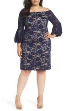  ELIZA J BUBBLE BELL SLEEVE OFF THE SHOULDER LACE SHEATH NAVY/NUDE DRESS sz 18W