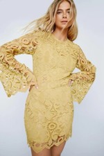 Nasty Gal Lace Crew Neck Long Sleeve Mini Dress Ochre UK 8
