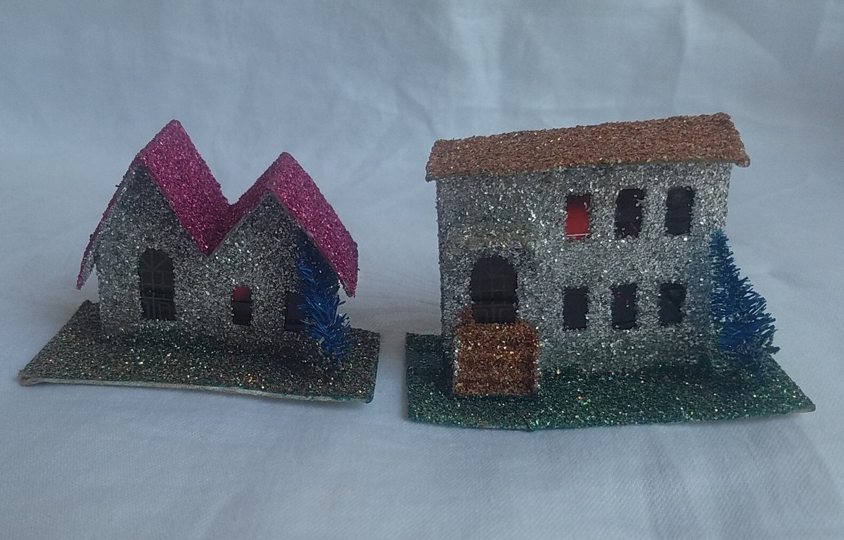 2 Vintage Japan Putz Houses Glitter Cardboard Christmas Pink