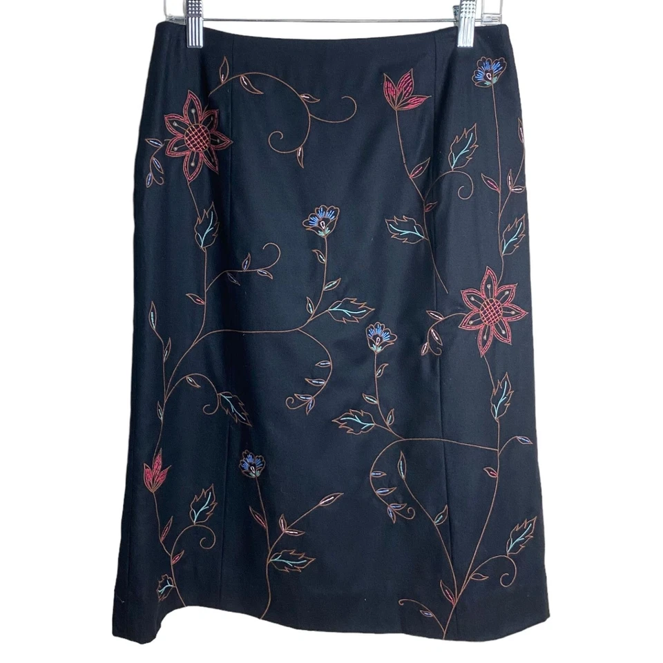 HAROLD'S Black Embroidered Floral Wool Pencil Skirt Knee Length Women's Sz 8