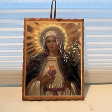 Christianity Virgin Mary Sacred Heart Hanging Wall Plaque, Wood Back Decor
