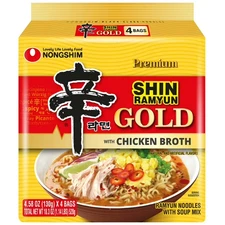 Shin Gold Spicy Chicken Broth Ramyun Ramen Noodle Soup Pack, 4.58oz X 4 Count