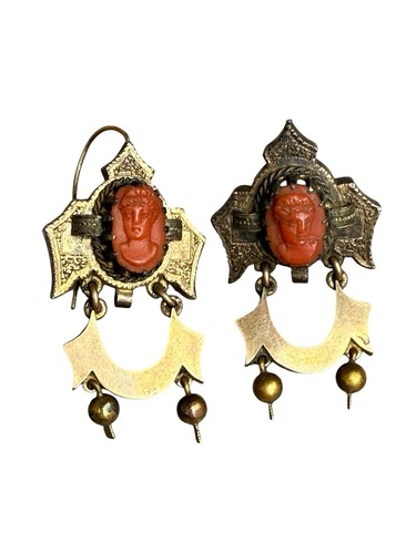 Victorian Gold Filled Coral Cameo Greek Roman Revival Dangle Earrings