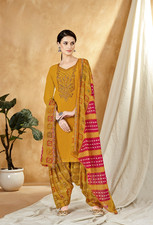 Pure Viscose Rayon Mustard Yellow Patiala Suit  Stylish Embroidered Neck with M