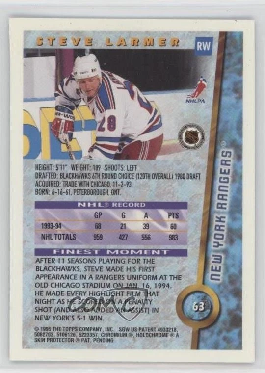 1994-95 Topps Finest Refractor Steve Larmer #63 - Image 2 of 2