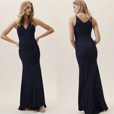 BHLDN Jones Stretch Crepe V-Neck Long Gown Formal Midnight Blue Womens Size 12