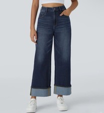 Halara Flex Wide Leg Cropped Denim Jeans Dark Wash High Waist Cuffed Petite XS