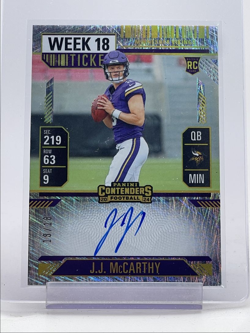 J.J. MCCARTHY 2024 CONTENDERS WEEK 18 TICKET ROOKIE BOOKEND AUTO 18/18 Q1358