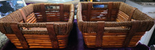 Set of 2 Solid Heavy Rustic Woven Rattan Wood Base Storage Baskets w/ Rope Trim