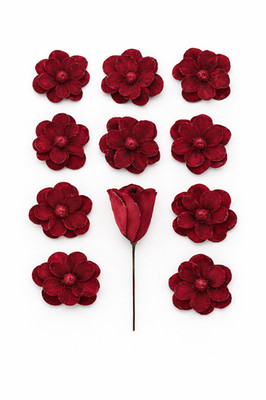 12 Pcs Velvet Poinsettia Burgundy Large Magnolia Flowers Red Glitter Ornaments