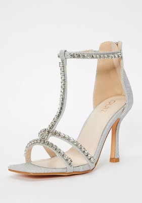 Quiz Diamanté Silver Shimmer T-Bar Sandals Sz UK Open Toe Heeled Sparkly  Shoes UK