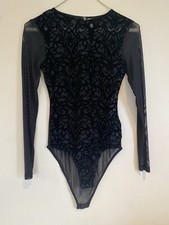 H M SXY Go Out Black Tops Lace Flocking Mesh Women's Bodysuit Size Small
