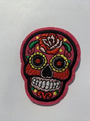 SUGAR SKULL 3  PATCH IRON-ON EMBROIDERED DIA DE LOS MUERTOS DAY OF DEAD Pink