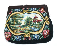VTG Embroidery Tapestry Fabric Clutch Purse Handbag Kiss Lock Closure