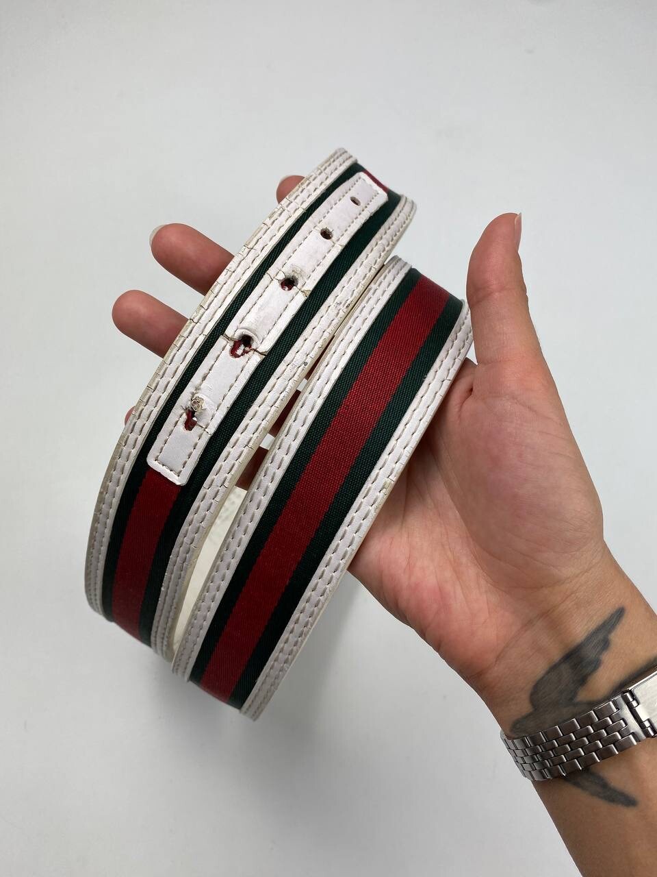 Gucci Web Designer Belt with G Buckle in White Green Red for Men-image