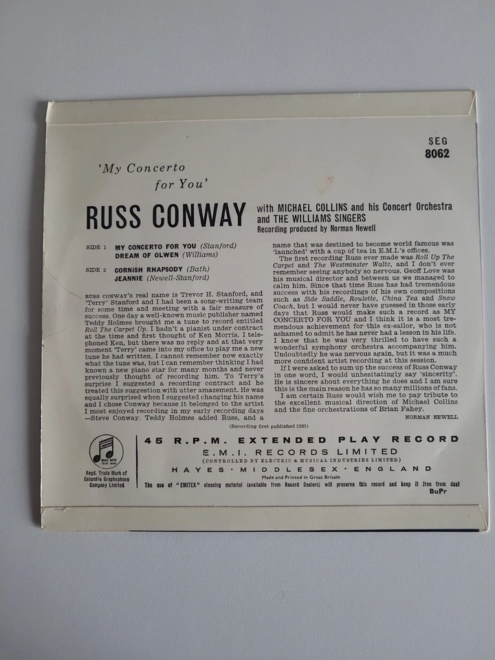 Russ Conway"My Concerto For You" UK Columbia Records 7" EP 45rpm  - Image 4 of 4