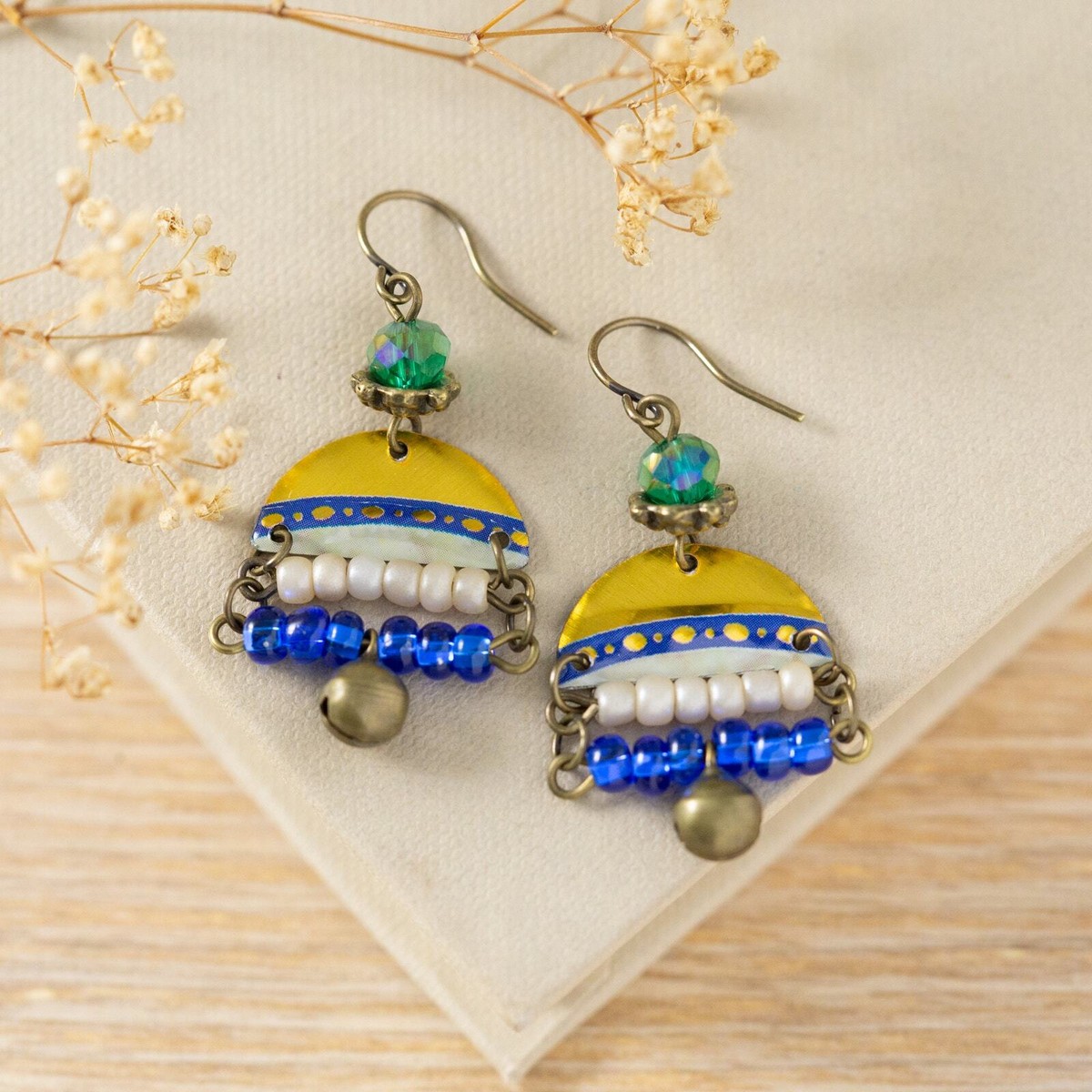 Unique Boho Beaded Bell Earrings, Handmade Bohemian Tin Jewelry