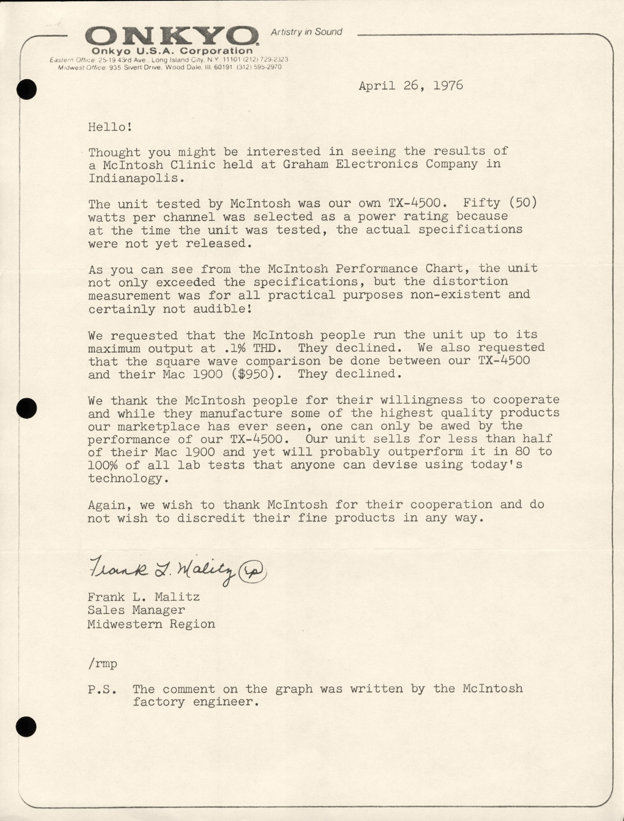1976 Onkyo TX-4500 Quartz Tuner Receiver Audiophile Dealer Letter Lab Test Ad 