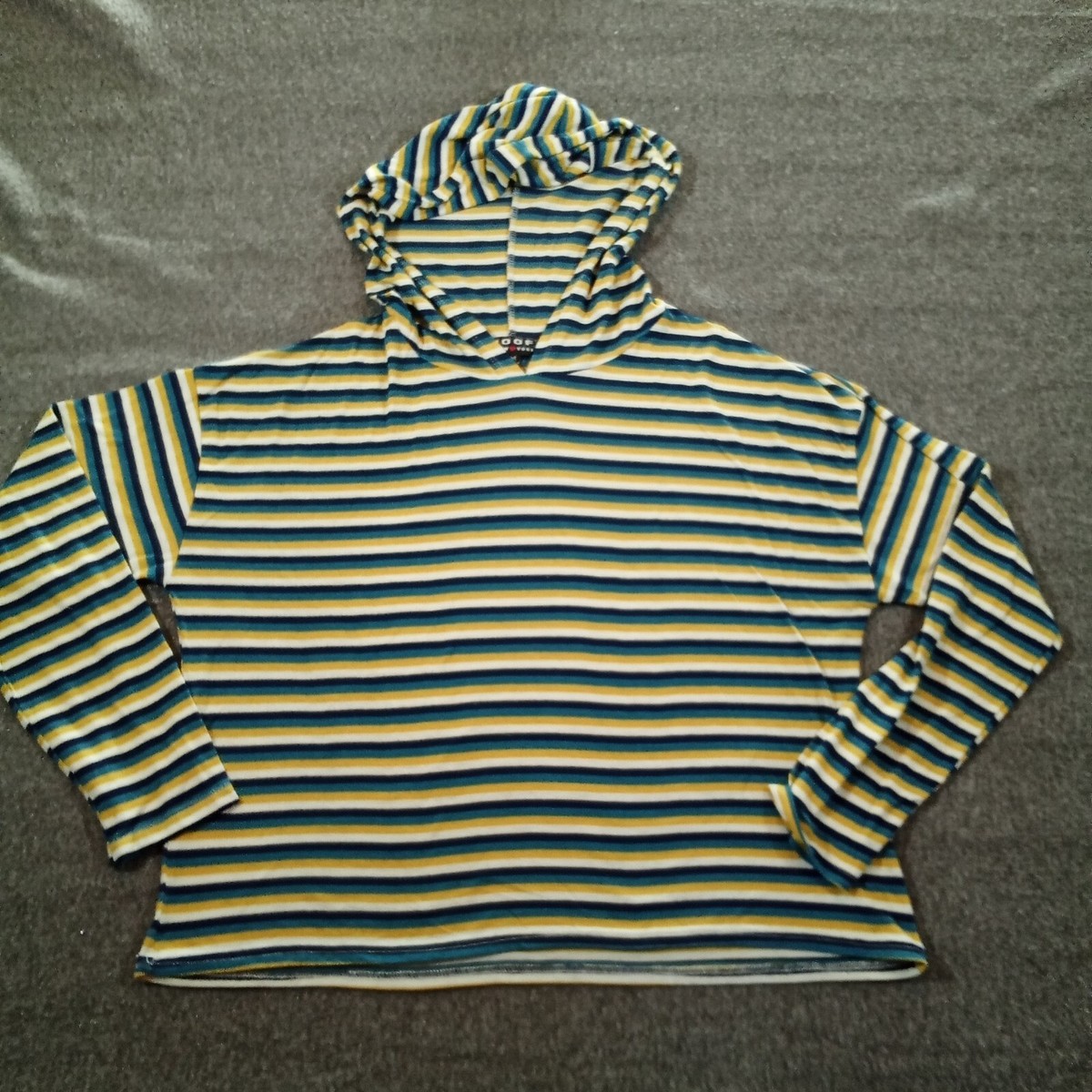 Poof New York Hoodie Women Medium Blue Yellow Green Striped