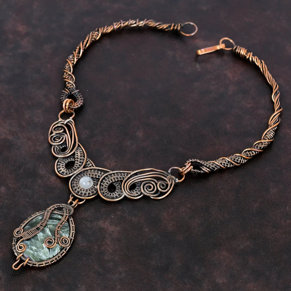Collar de cadena envuelto en alambre de piedras preciosas de serafinita joyería de cobre para mujer 18,0" Foto 3 de 4