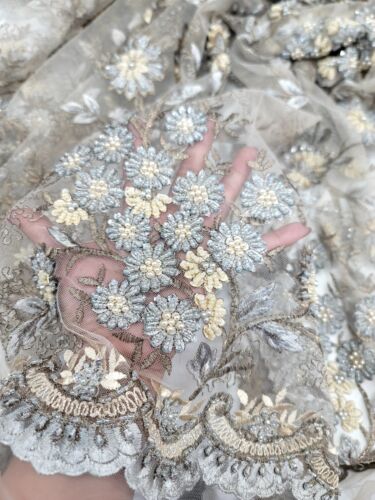Beaded Lace Embroidered Floral Bridal Beige Silver Fabric By The Yard For Dress