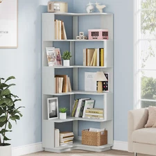 Wood Freestanding Corner Bookcase Bookshelf 6 Tier Storage Shelves Display Rack