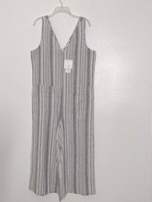 Beachlunchlounge Linen  Blend Stripe Gray White Sleeveless Jumpsuit Large New