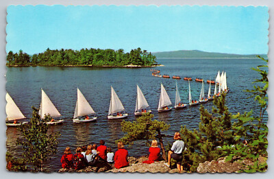Sebago Lake, ME, Sailboats, Family, KIds, Shoreline, Vintage Postcard