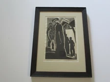 VINTAGE ANTIQUE WOODBLOCK PRINT WOODCUT SURREAL SURREALIST MODERNISM 1930'S RARE