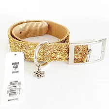 Gold Glitter Dog Collar Size Medium 18” Christmas Snowflake Charm Fabric Sparkle