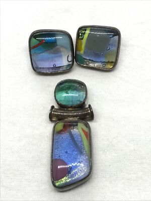 Vintage Patti Quinn Aurora Art Handcrafted  925 SS Dichroic Glass  Set