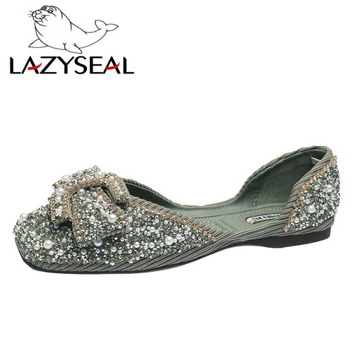 Cristales Perla Nudo Mariposa Zapatos Planos Bling Suela Suave Puntera Cuadrada Sin Cordones - Imagen 26 de 27