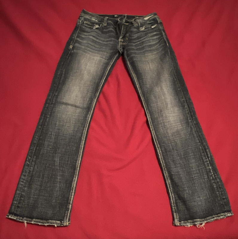 BKE Men’s Dark Wash Blue Denim Bootcut Jeans Slim Fit Distressed 5-Pocket