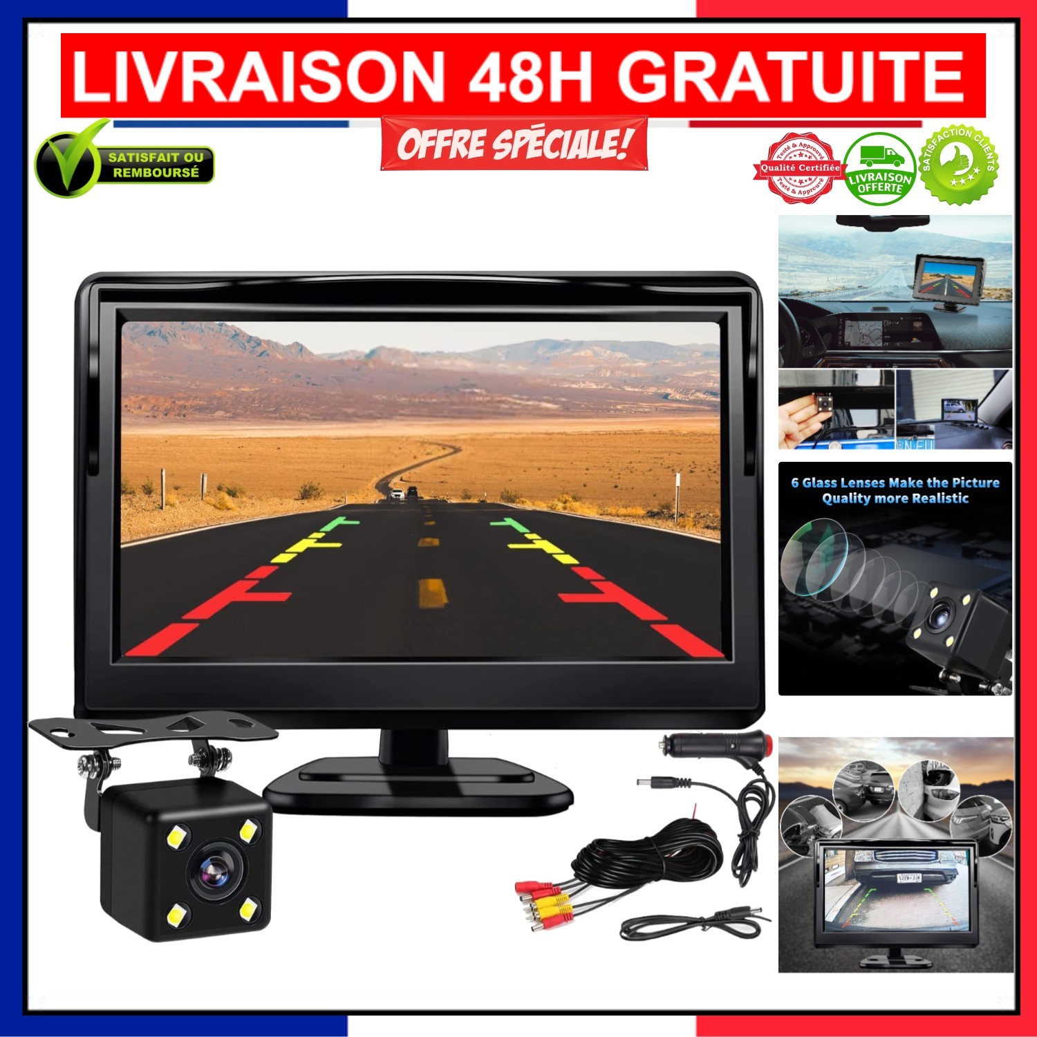 Moniteur LCD 5 pouces avec caméra de recul étanche kit aide au stationnement auto