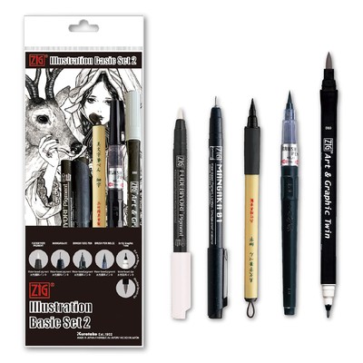Zig Inktober Special Set, illustration Basic Set No.2, 4 Black Markers and 1 ...