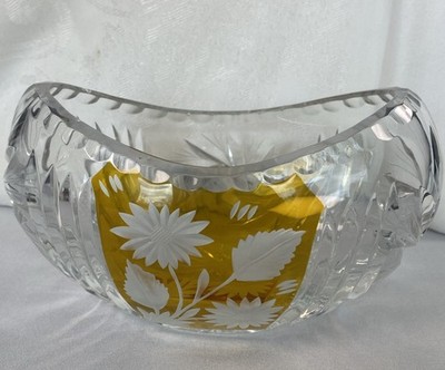 Vintage ''JULIA'' Poland Lead Crystal Amber Hand-Cut Bowl Floral With Starburst7in