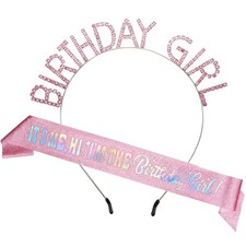 Birthday Girl Pink Sash Tiara Set Rhinestone Headband Party Decorations