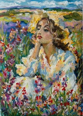 Girl in the Field Original Art Flowers Wall Art Oil Pastels Artwork Abstract Art