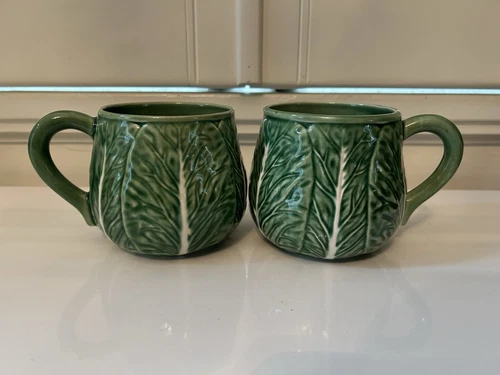 Bordallo Pinheiro Cabbage Green Mugs Pair Of 2 Large from Portugal 