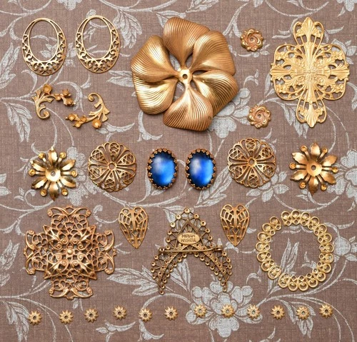 34 Piece Lot Vintage Miriam Haskell Jewelry Parts Stampings Findings Gold Plated