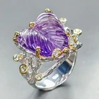 Leaf carving 12 ct Natural Amethyst Ring 925 Sterling Silver Size 9 /R458145